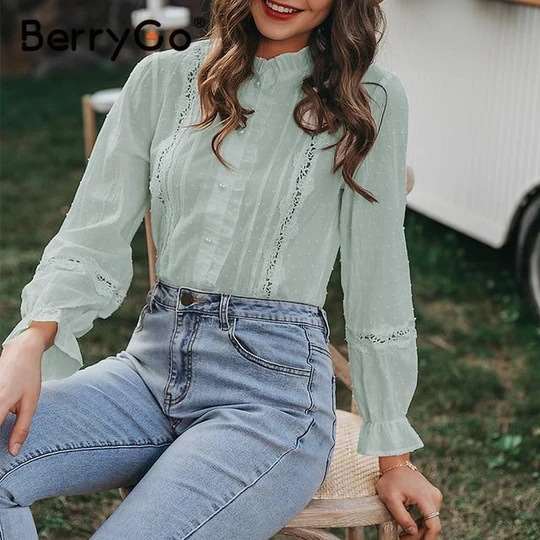 Casual Pure Stringy selvedge Stand collar Long sleeve Blouses