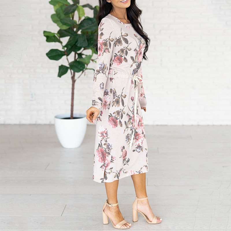 Women Floral print Round neck Long sleeve Lacing Skater Dresses