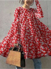 Casual Loose Daisy print Round neck Long sleeve Shift Dresses