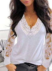 Casual Sexy Lace Gored V neck Long sleeve T-Shirts