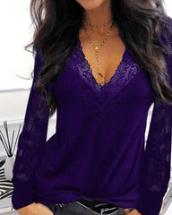 Casual Sexy Lace Gored V neck Long sleeve T-Shirts