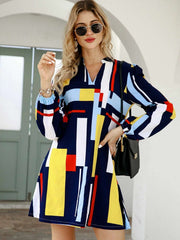 Casual Loose Print V neck Long sleeve Shift Dresses