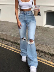 Denim flared pants wide-leg ripped jeans