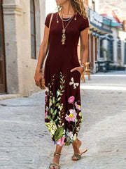 Round neck printed long dress with pockets maxi dresses