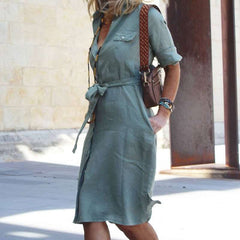 Casual Pure Lapel Long sleeve Lacing Shirt Skater Dresses