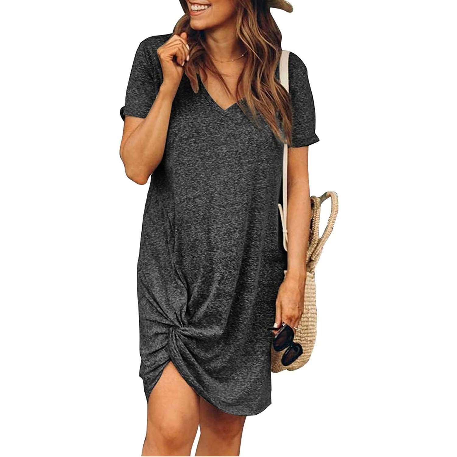 Casual Pure V neck Short sleeve Kink Shift Dresses