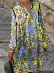 Casual Loose Floral print V neck Long sleeve Shift Dresses