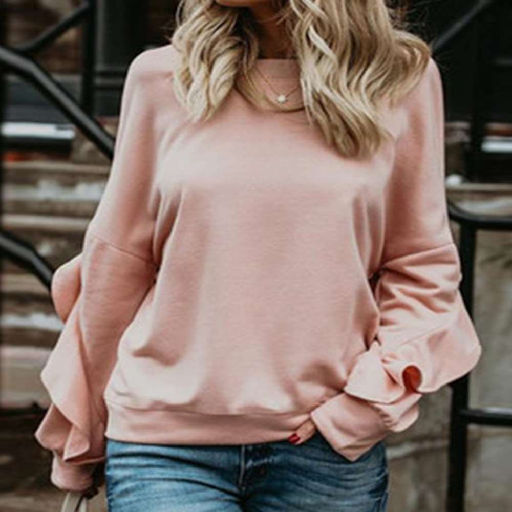 Fashion Casual Pure Round neck Long sleeve Falbala T-Shirts