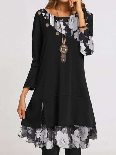 Casual Gored Floral print Round neck Long sleeve Shift Dresses
