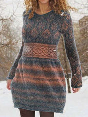 Fashion Print Round neck Long sleeve Sweater Skater Dresses