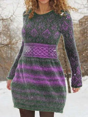 Fashion Print Round neck Long sleeve Sweater Skater Dresses