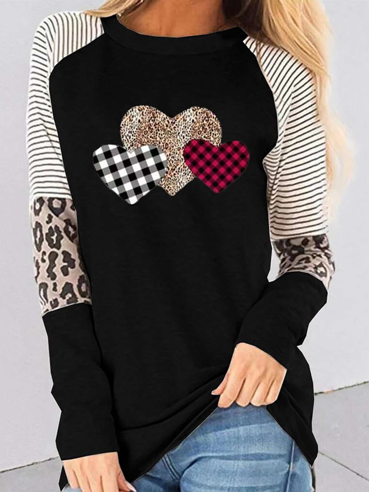 Casual  Heart print Round neck Gored Long sleeve T-Shirts