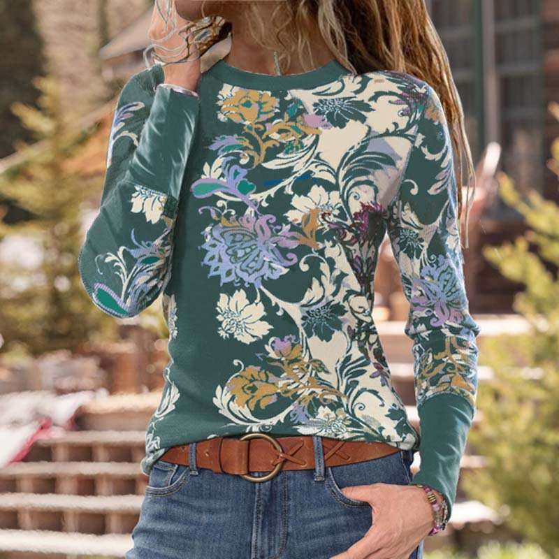 Fashion Ethnic style print Round neck Long sleeve T-Shirts