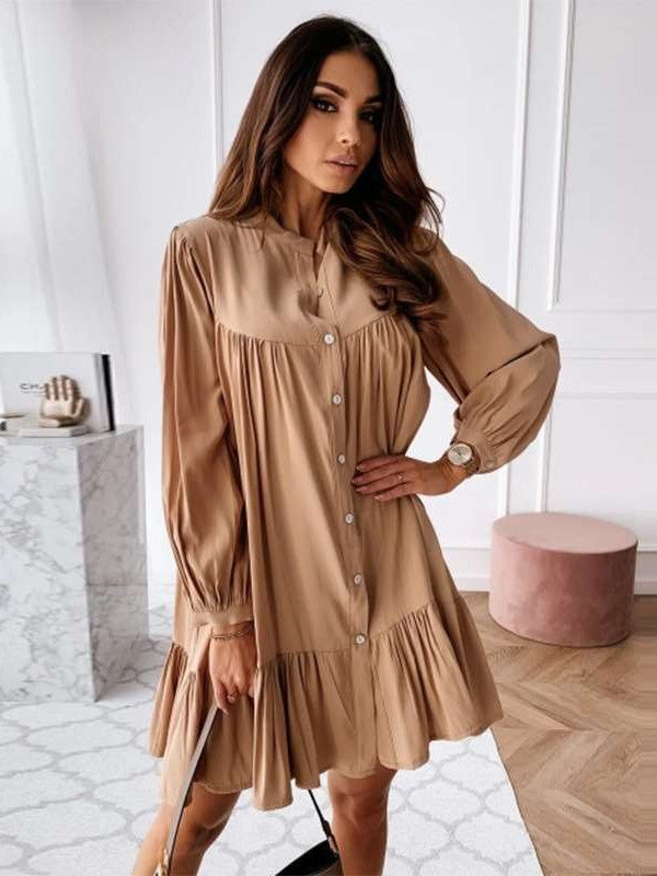 Casual Loose Gored Falbala Round neck Long sleeve Shift Dresses