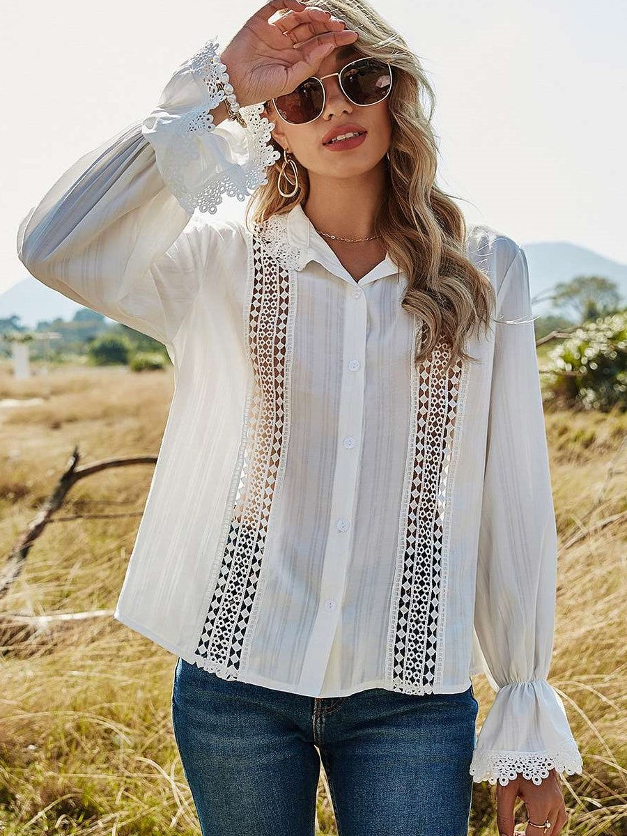 Pure Hollow out Lapel Long sleeve Blouses