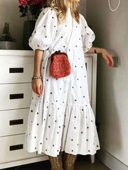 Casual Loose Point print Stand collar Half sleeve Gored Maxi Dresses