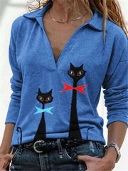 Casual Cat print V neck Long sleeve T-Shirts