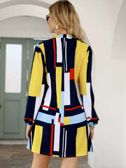 Casual Loose Print V neck Long sleeve Shift Dresses