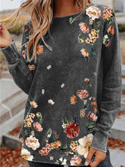 Loose Floral print Round neck Long sleeve T-Shirts