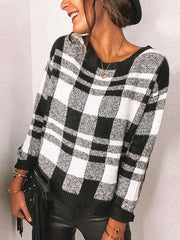 Casual Plaid print Round neck Long sleeve T-Shirts