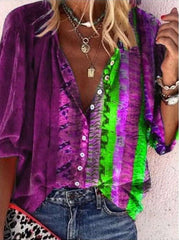 Fashion Retro stripe print Lapel Long sleeve Blouses