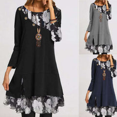 Casual Gored Floral print Round neck Long sleeve Shift Dresses