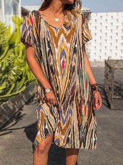Casual Loose Stripe V neck Short sleeve Shift Dresses