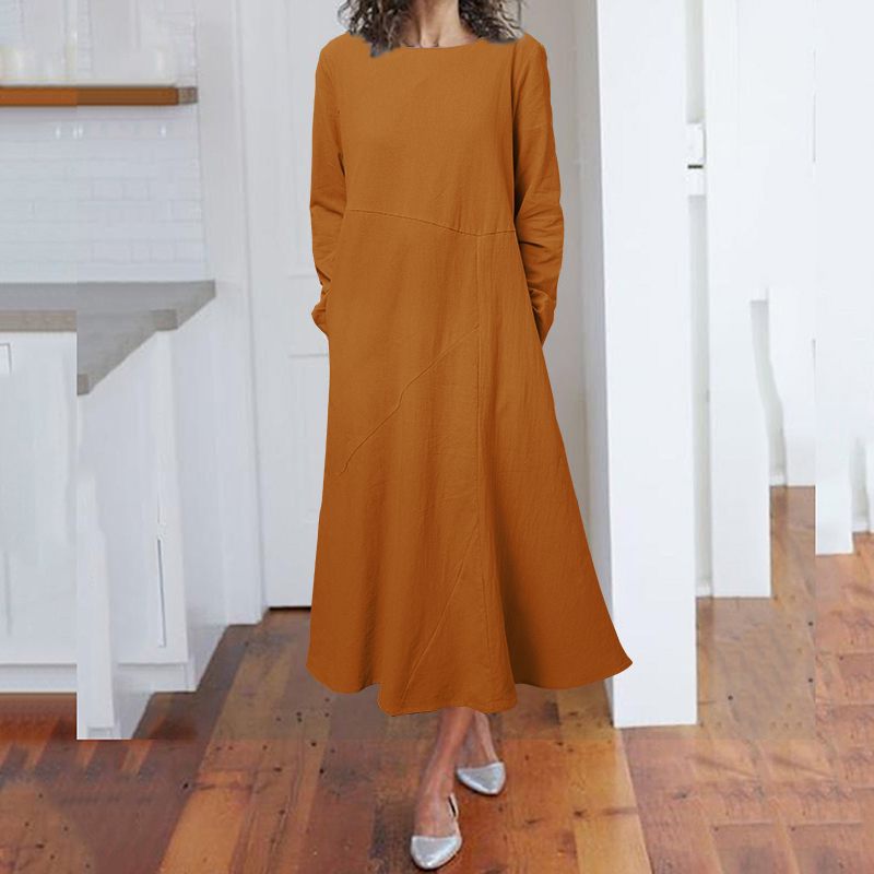 Autumn Cotton blend pullover long sleeve round neck A-line maxi dresses