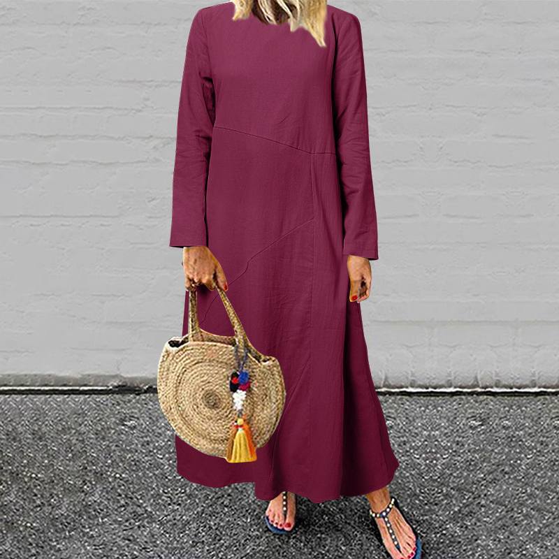 Autumn Cotton blend pullover long sleeve round neck A-line maxi dresses