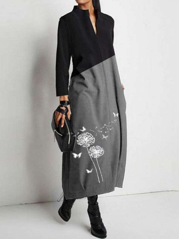 Casual Gored Dandelion print V neck Long sleeve Maxi Dresses