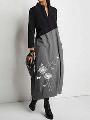 Casual Gored Dandelion print V neck Long sleeve Maxi Dresses