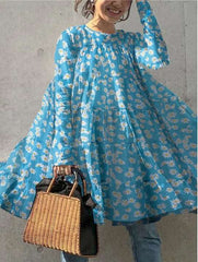Casual Loose Daisy print Round neck Long sleeve Shift Dresses
