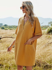 Casual Loose Pure V neck Short sleeve Pocket Shift Dresses