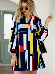 Casual Loose Print V neck Long sleeve Shift Dresses