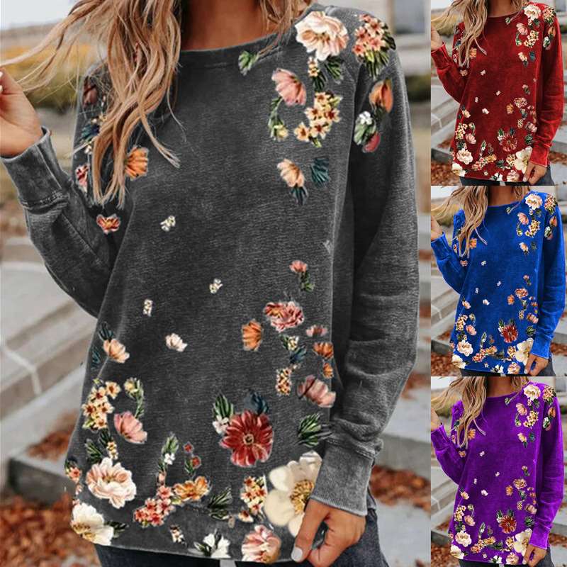 Loose Floral print Round neck Long sleeve T-Shirts