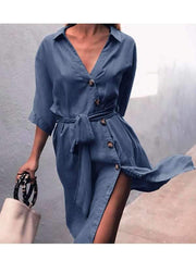 Casual Blue Denim Button Waist Tie Shift Dresses
