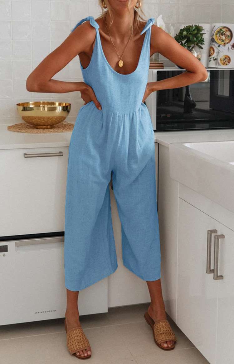 Casual Loose Pure Round neck Sleeveless Jumpsuits