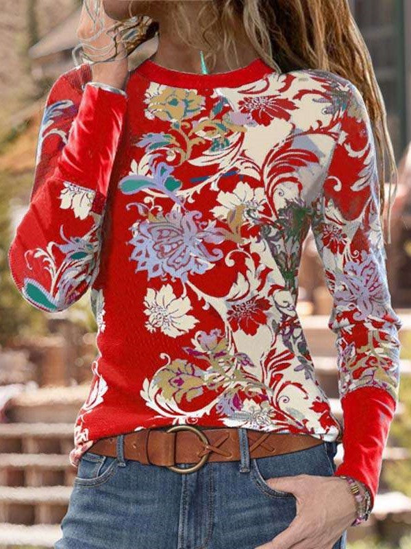 Fashion Ethnic style print Round neck Long sleeve T-Shirts