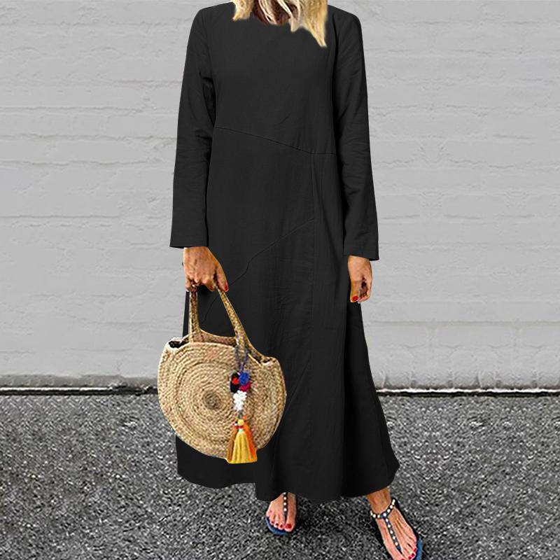 Autumn Cotton blend pullover long sleeve round neck A-line maxi dresses