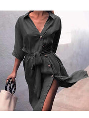 Casual Blue Denim Button Waist Tie Shift Dresses