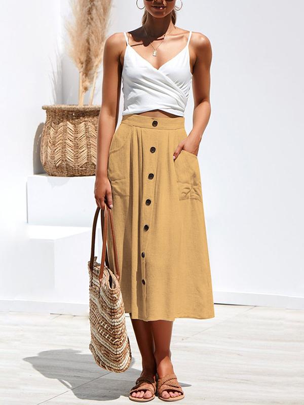 Woman Chic Cotton Long Button Skirts