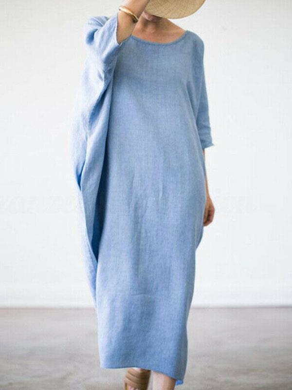 Casual round neck loose plain maxi dresses