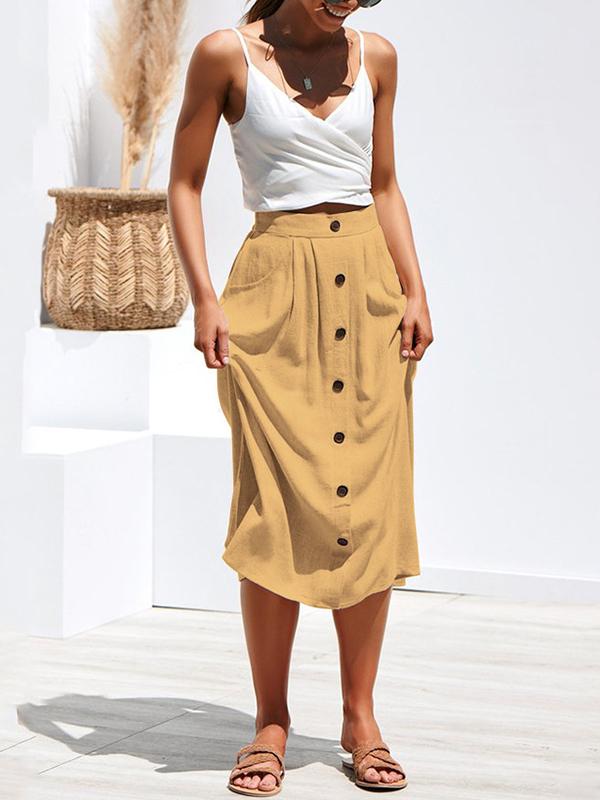 Woman Chic Cotton Long Button Skirts