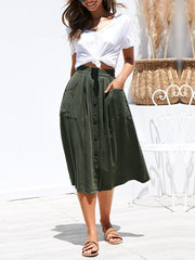 Woman Chic Cotton Long Button Skirts