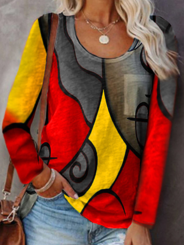 Chic women round neck abstract pprinted colorful long T-shirts