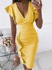 Sexy V neck Lotus sleeve bodycon dresses