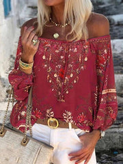 Fashion print off shoulder chiffon blouses