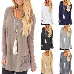Round Neck Lace Patchwork Hollow Out Knitted Sweaters