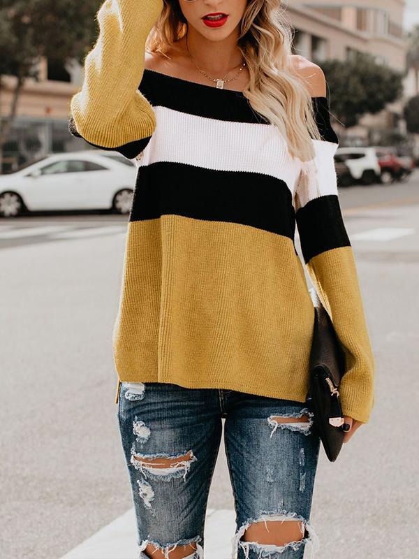 Woman Sexy Off Shoulder Color Block Long Sleeve Knitting Sweaters