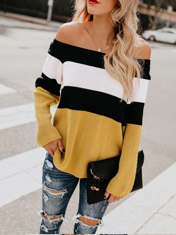 Woman Sexy Off Shoulder Color Block Long Sleeve Knitting Sweaters